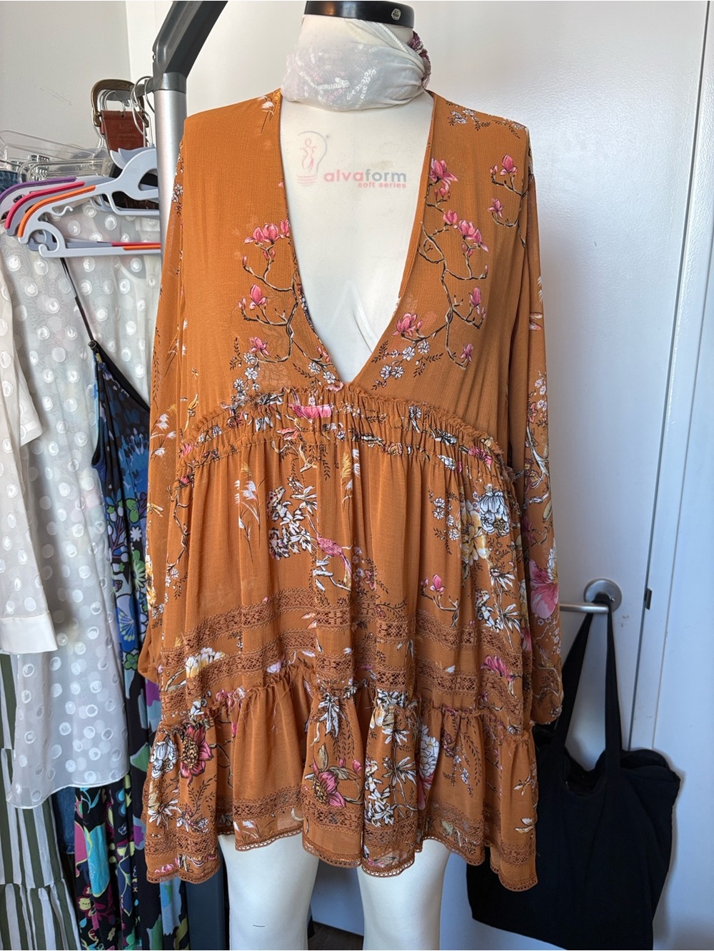 Free People Rust Floral Deep V Tiered Mini Dress